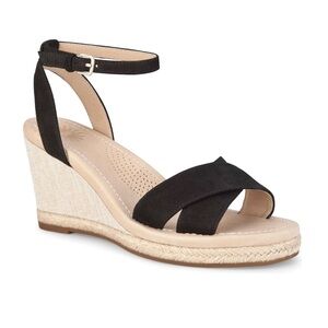 UGG | Nyssa Wedge Sandals with Ankle Strap | Black Suede | Size 7
